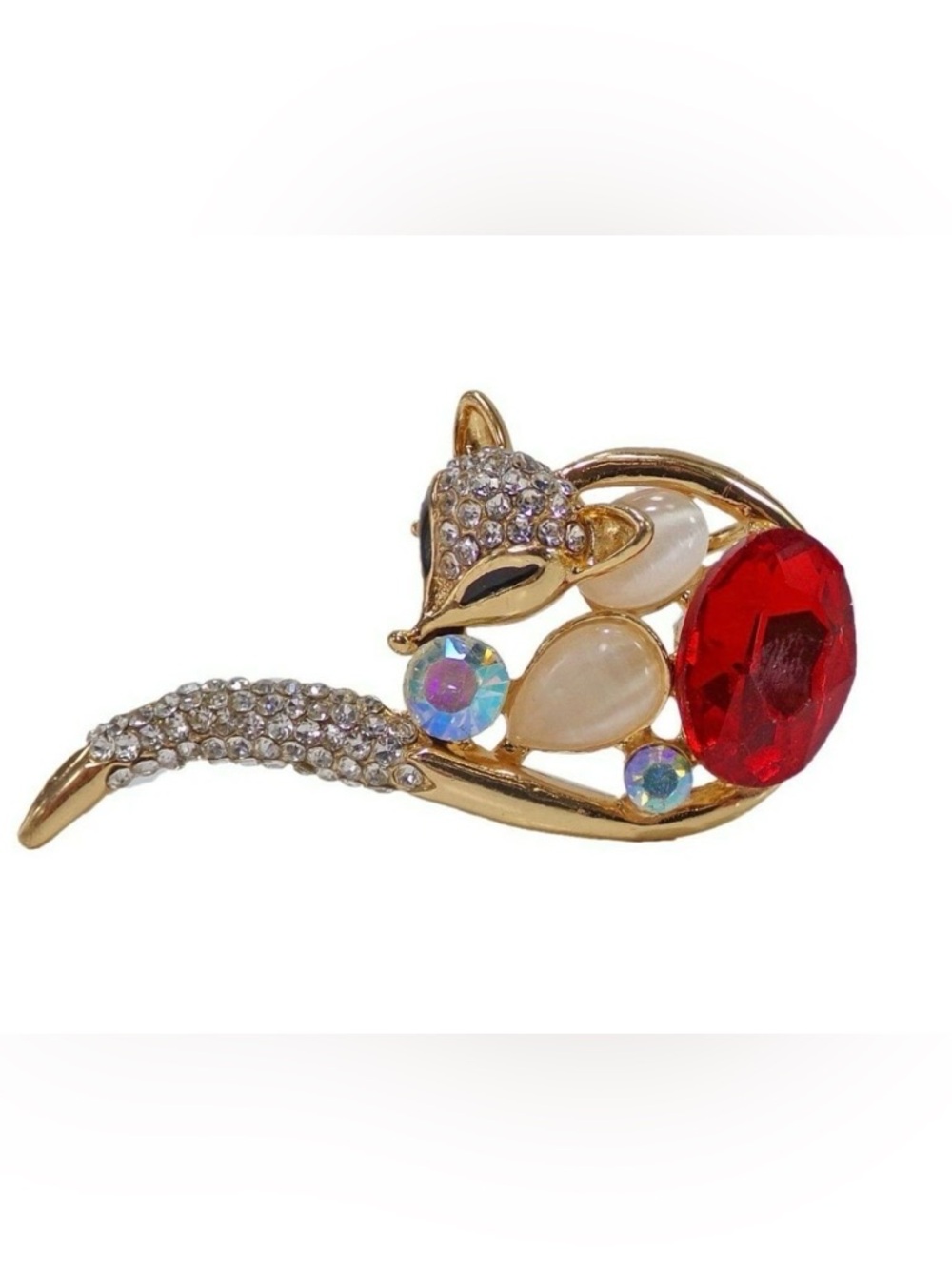 Fox Gold Brooch Pin with long crystal swirl tail and red crystal and on it New